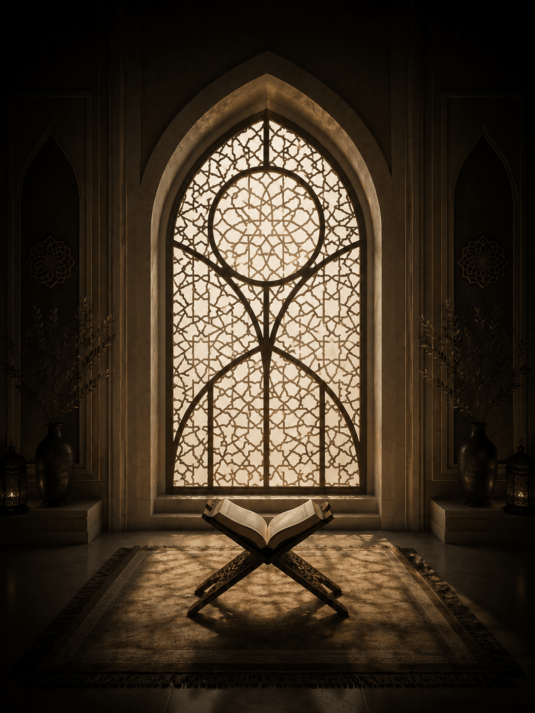 An open mushaf on a rehal beneath a glowing latticed window