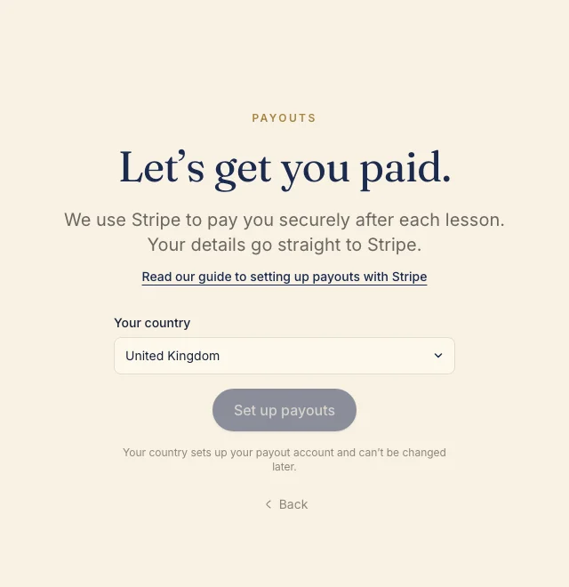 The Daris payouts step with the country selector set to United Kingdom