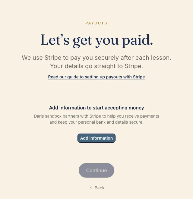 The embedded Stripe panel on the Daris payouts step, with an Add information button