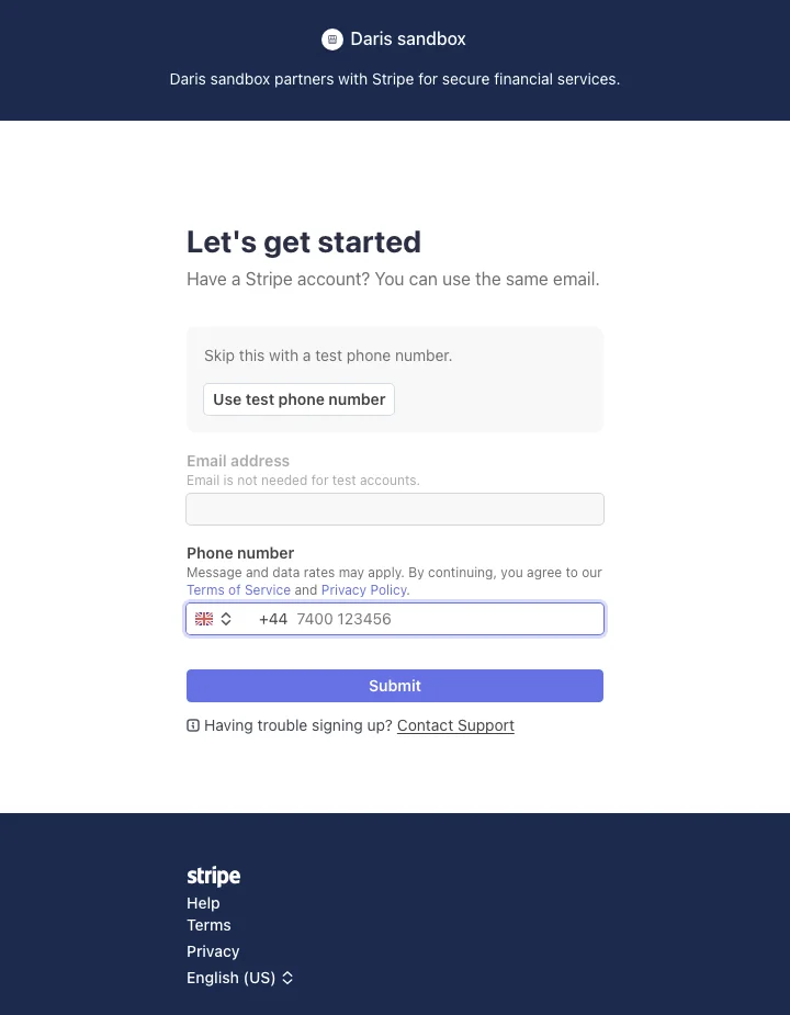 Stripe's Let's get started screen asking for email address and phone number